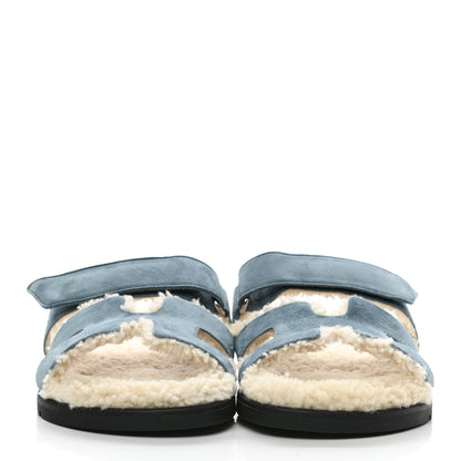 Hermes Suede Goatskin Woolskin Womens Chypre Sandals 36.5 Bleu Pinede Ecru 2 of 8