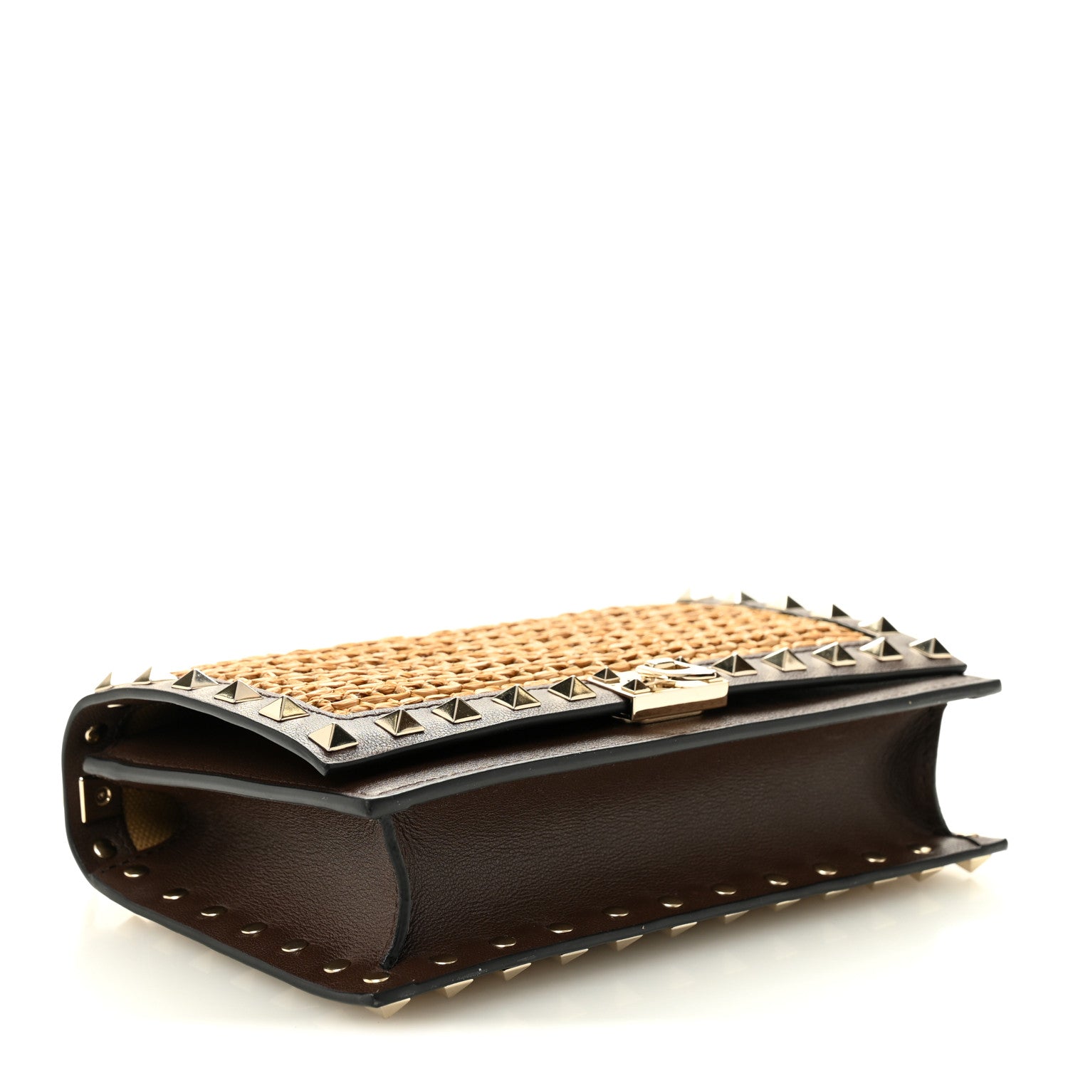 Valentino Garavani Raffia Calfskin Rockstud Wallet On Chain Pouch Natural Brown 4 of 9