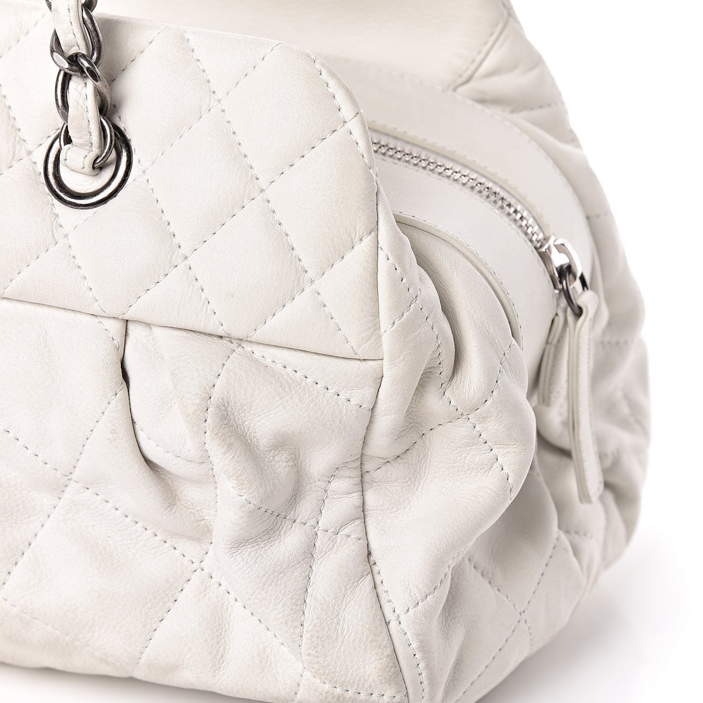 Iridescent Calfskin Chic Quilt Bowling Bag White