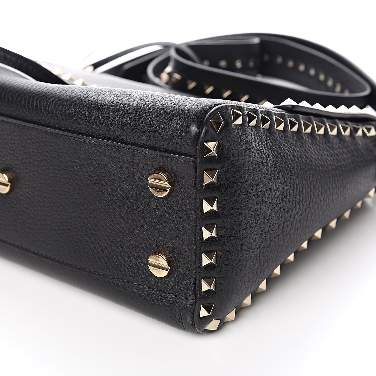 Pebbled Calfskin Rockstud Top Handle Shoulder Bag Black