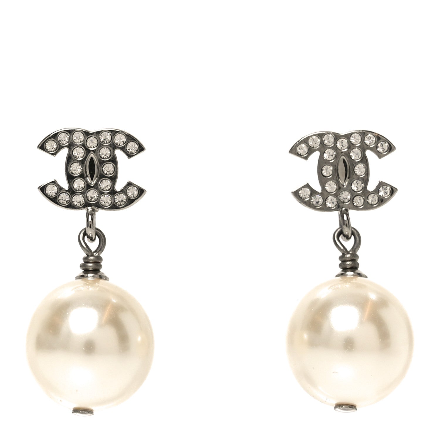 Chanel Crystal Pearl CC Drop Earrings Silver Pearly White 1 of 5