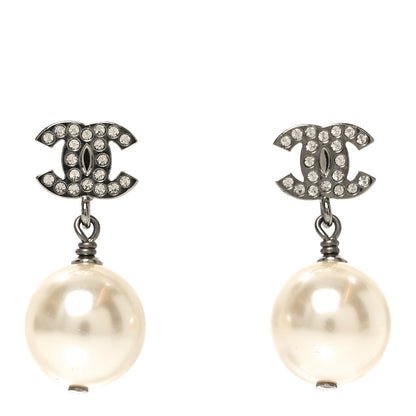 Chanel Crystal Pearl CC Drop Earrings Silver Pearly White 1 of 5
