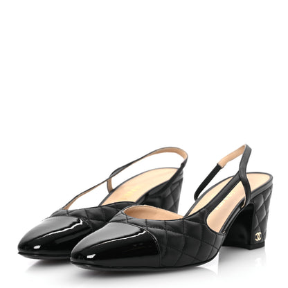 Chanel Lambskin Patent Calfskin Quilted Cap Toe CC Slingback Pumps 39.5 Black 4 of 10