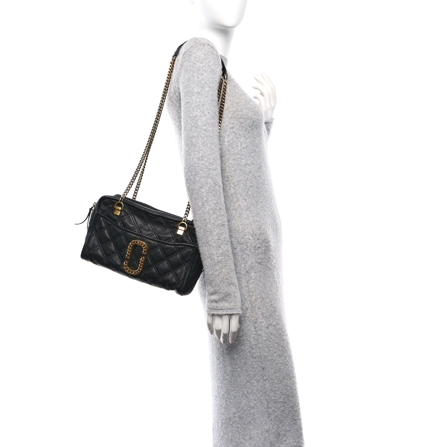Grained Calfskin Quilted Double Stitched The Status Shoulder Bag Black