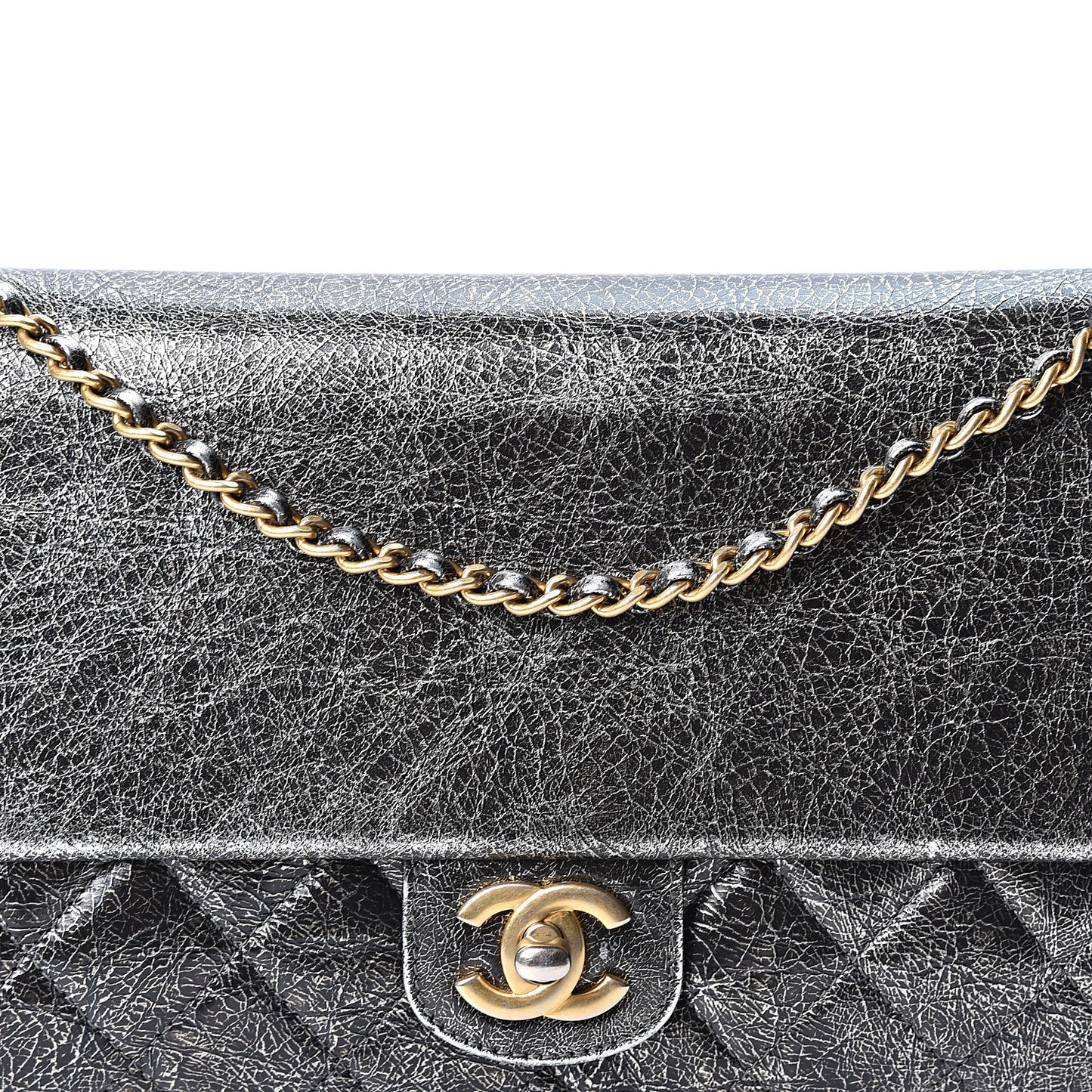 Cracked Metallic Calfskin Quilted Zip Away Chain Clutch Dark Silver