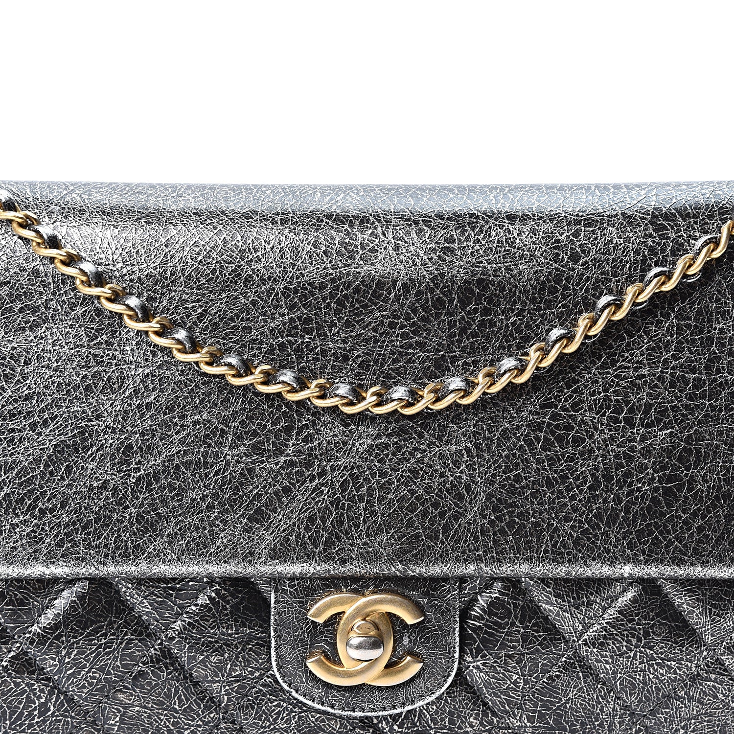 Chanel Cracked Metallic Calfskin Quilted Zip Away Chain Clutch Dark Silver 8 of 10