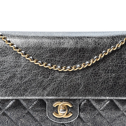 Chanel Cracked Metallic Calfskin Quilted Zip Away Chain Clutch Dark Silver 8 of 10