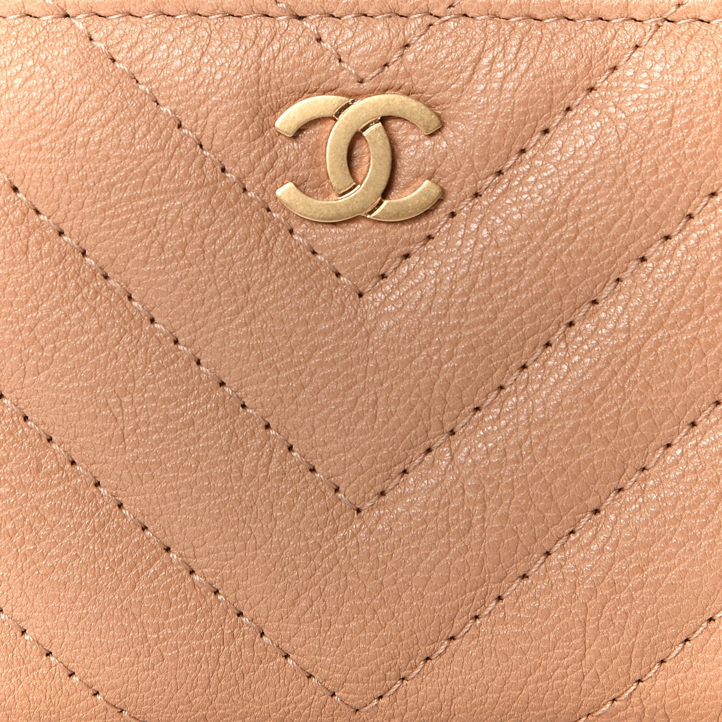 Glazed Lambskin Chevron Quilted Zip Around Coin Purse Beige