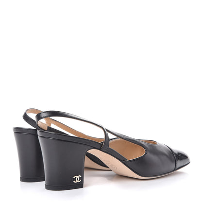 Chanel Lambskin Patent Cap Toe CC Slingback Sandals 38 Black 4 of 16