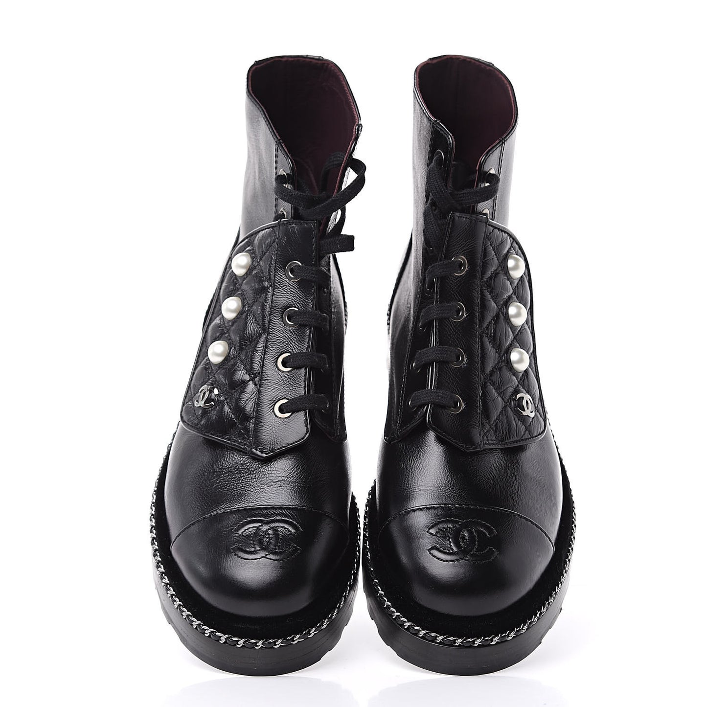Crackled Calfskin Velvet Pearl Combat Short Boots 38 Black