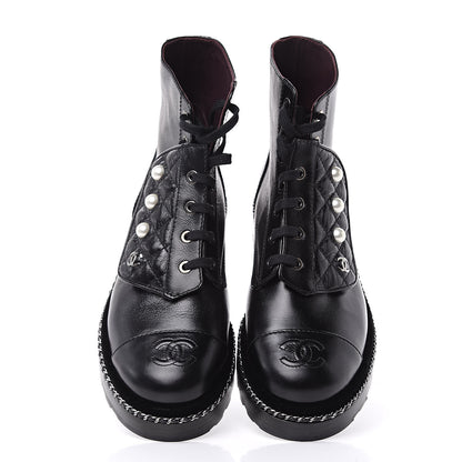 Chanel Crackled Calfskin Velvet Pearl Combat Short Boots 38 Black 3 of 8