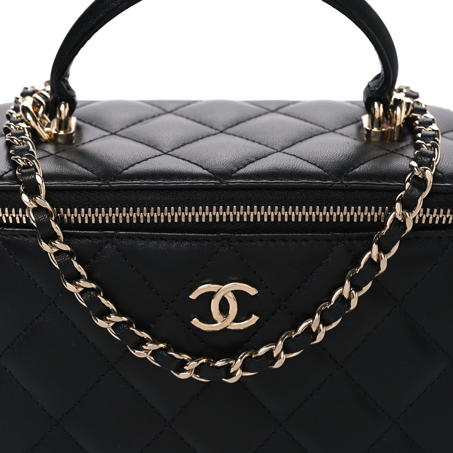 Lambskin Quilted Small Top Handle Vanity Case With Chain Black