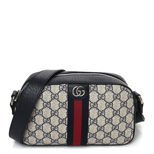 GG Supreme Monogram Textured Dollar Calfskin Web Small Ophidia Camera Bag Beige Blue