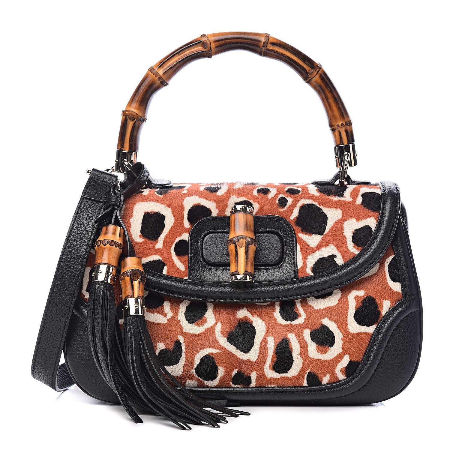 Gucci Calf Hair Leopard Print Medium New Bamboo Top Handle Bag Red 1 of 11