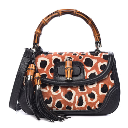 Gucci Calf Hair Leopard Print Medium New Bamboo Top Handle Bag Red 1 of 11