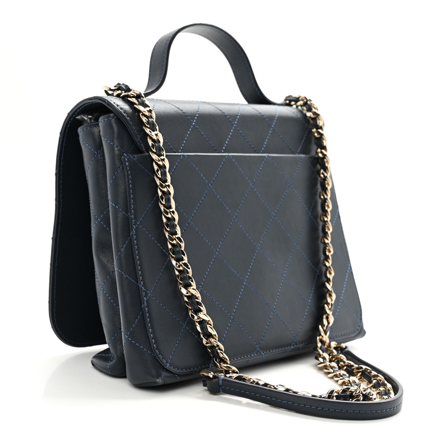 Calfskin Quilted Double Pocket Top Handle Flap Blue