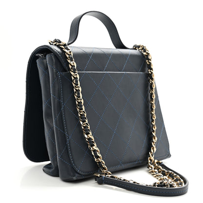 Chanel Calfskin Quilted Double Pocket Top Handle Flap Blue 3 of 11