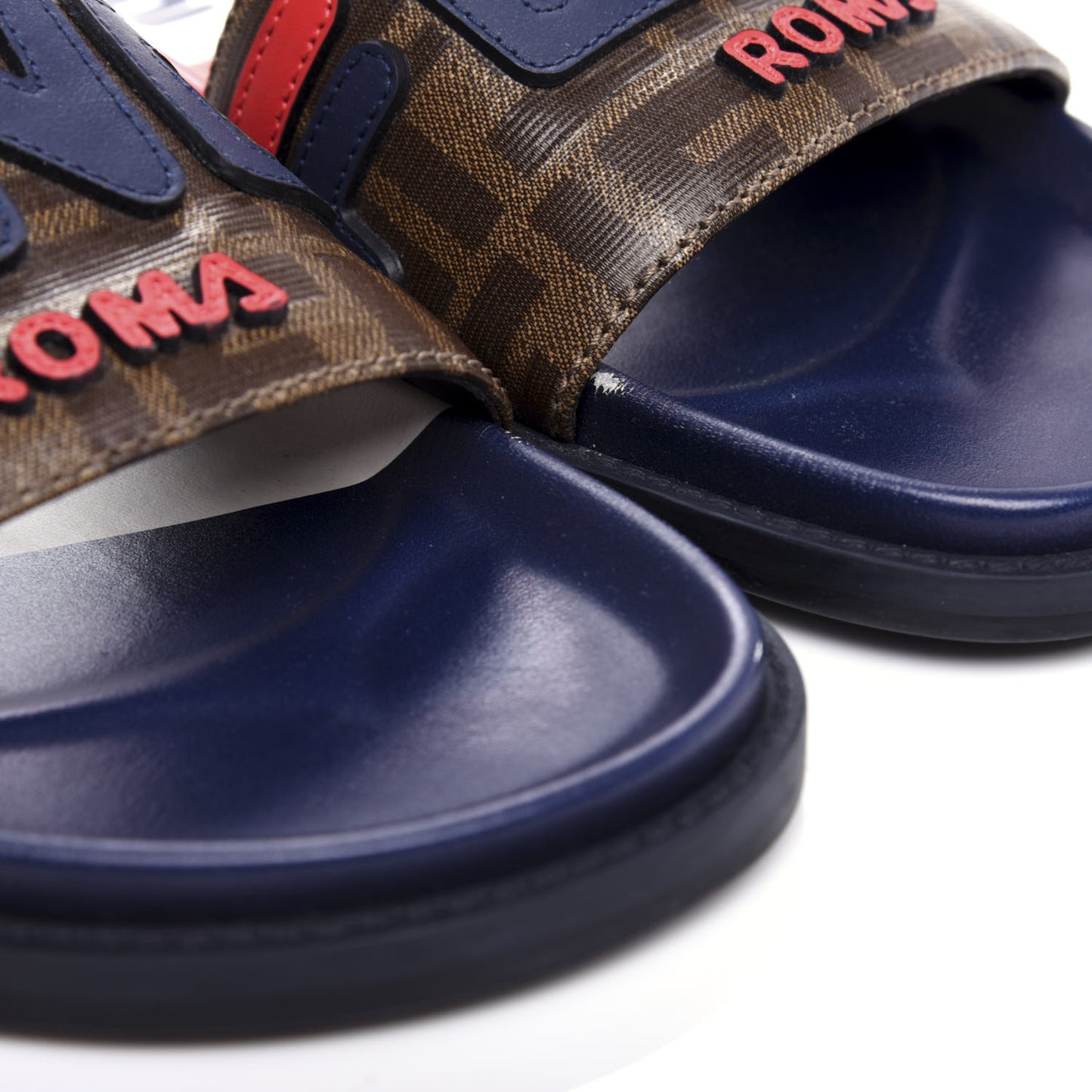 X FILA Glazed Fabric Calfskin FF 1974 Mania Mens Slide Sandals 7 Mogano Panna Blueberry Caipiroska
