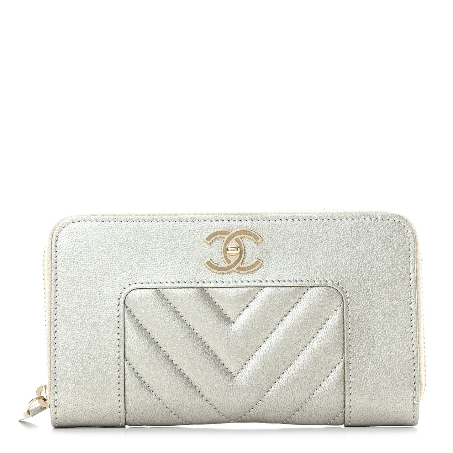 Metallic Sheepskin Chevron Quilted Medium Mademoiselle Vintage Zip Around Wallet Silver