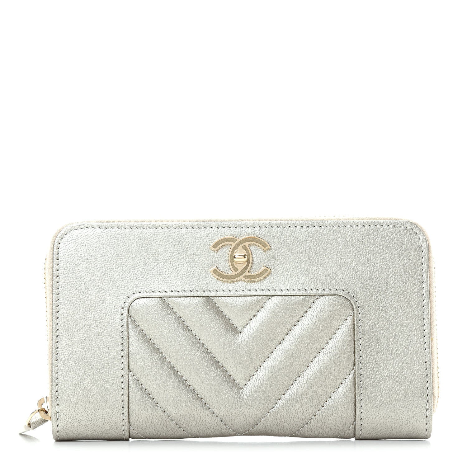 Chanel Metallic Sheepskin Chevron Quilted Medium Mademoiselle Vintage Zip Around Wallet Silver 1 of 9