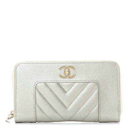 Chanel Metallic Sheepskin Chevron Quilted Medium Mademoiselle Vintage Zip Around Wallet Silver 1 of 9