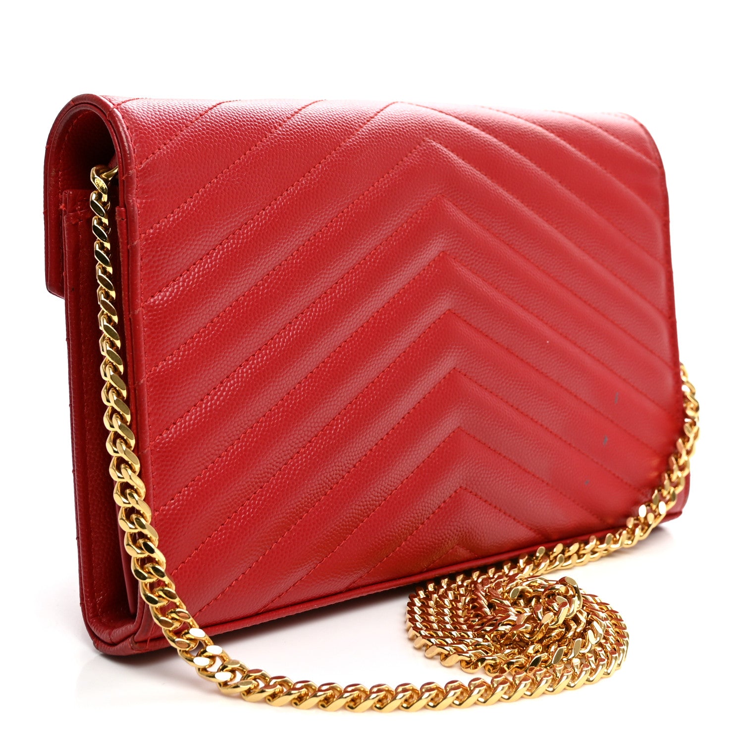 Saint Laurent Grain De Poudre Matelasse Chevron Monogram Chain Wallet New Red 3 of 12