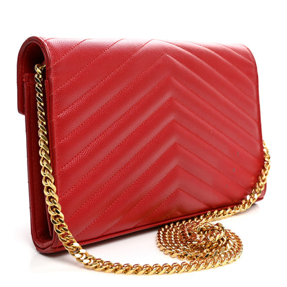 Saint Laurent Grain De Poudre Matelasse Chevron Monogram Chain Wallet New Red 3 of 12