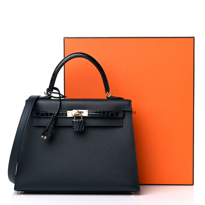 Hermes Madame Calfskin Shiny Niloticus Crocodile Kelly Sellier Touch 25 Vert Rousseau 10 of 10