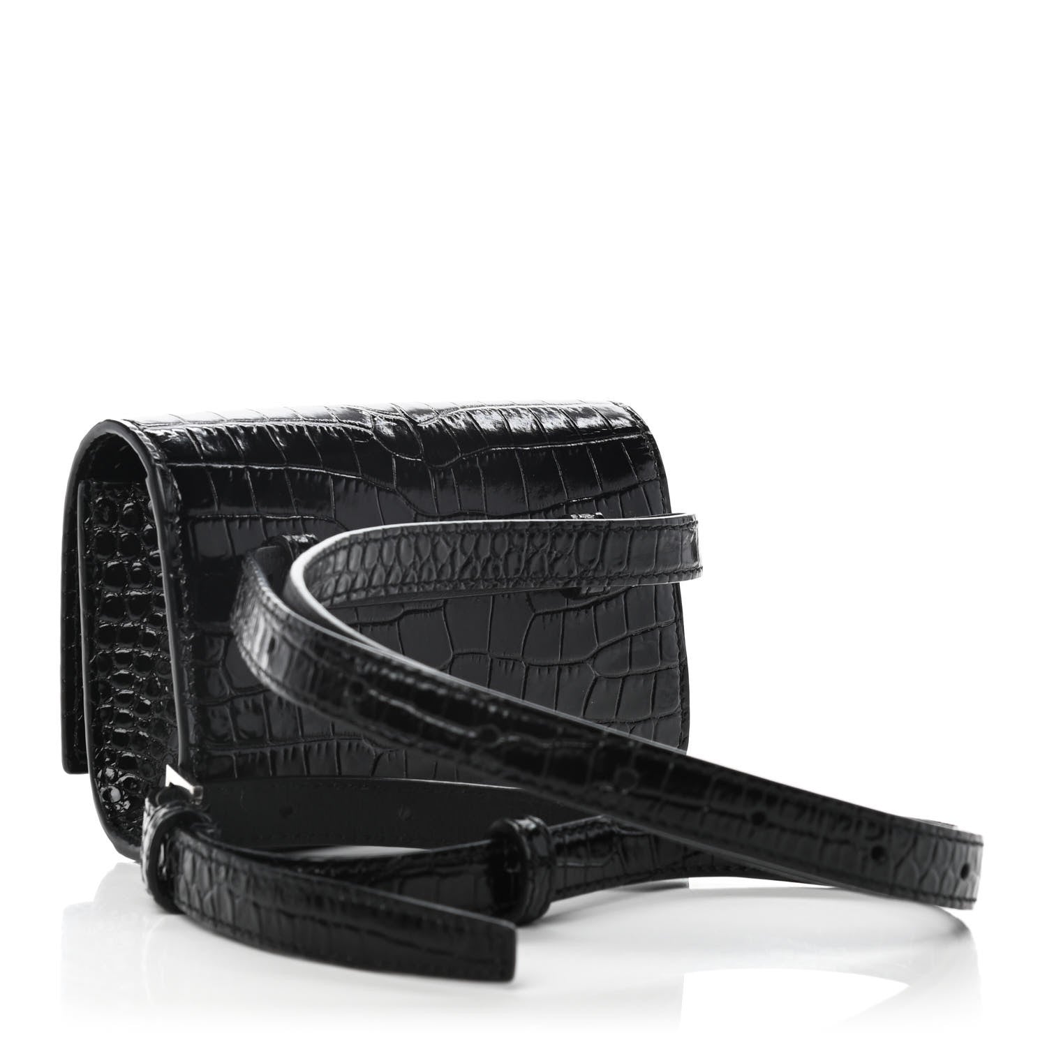 Saint Laurent Calfskin Crocodile Embossed Monogram Kate Belt Bag Black 3 of 9