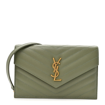 Saint Laurent Grain De Poudre Matelasse Chevron Monogram Envelope Chain Wallet Light Sage 1 of 11
