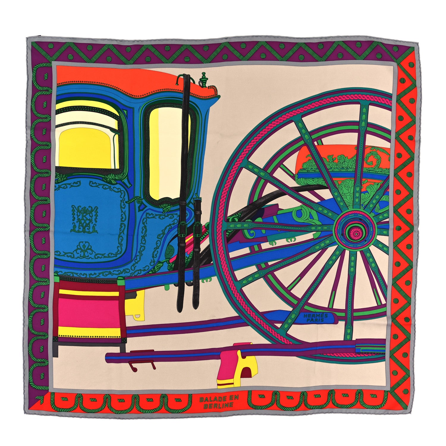 Hermes Silk Balade En Berline Scarf 90 Mastic Vert Juane 1 of 3