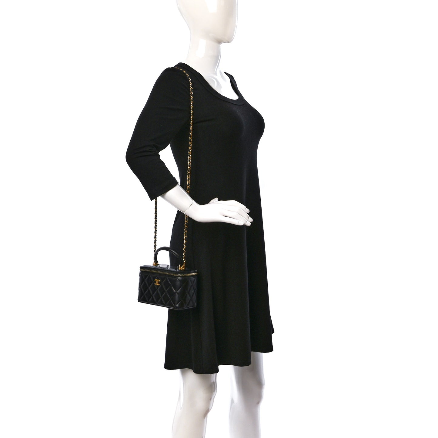Lambskin Quilted Small Top Handle Vanity Case With Chain Black