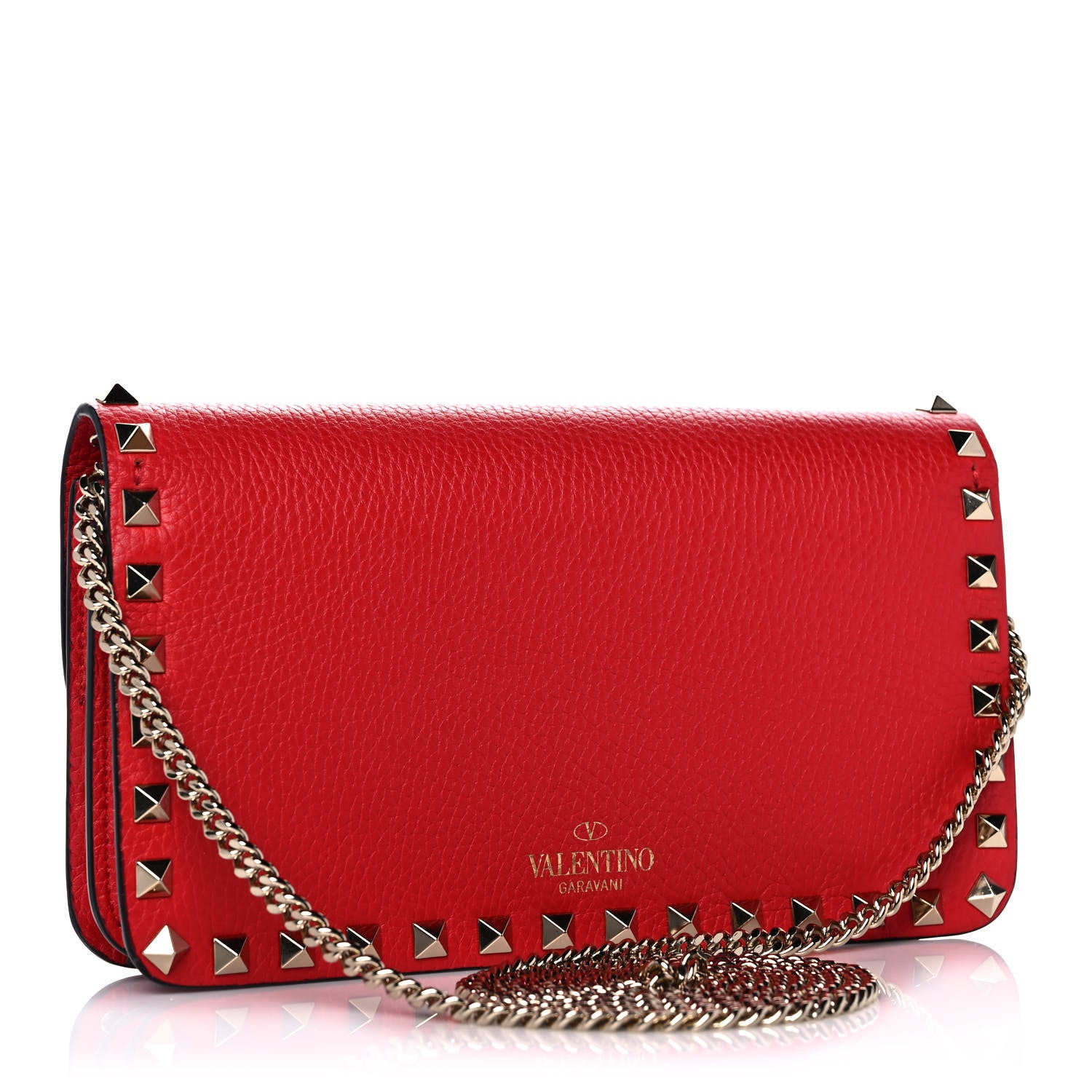 Valentino Garavani Pebbled Calfskin Rockstud Flap Wallet On Chain Rouge Pur 3 of 15