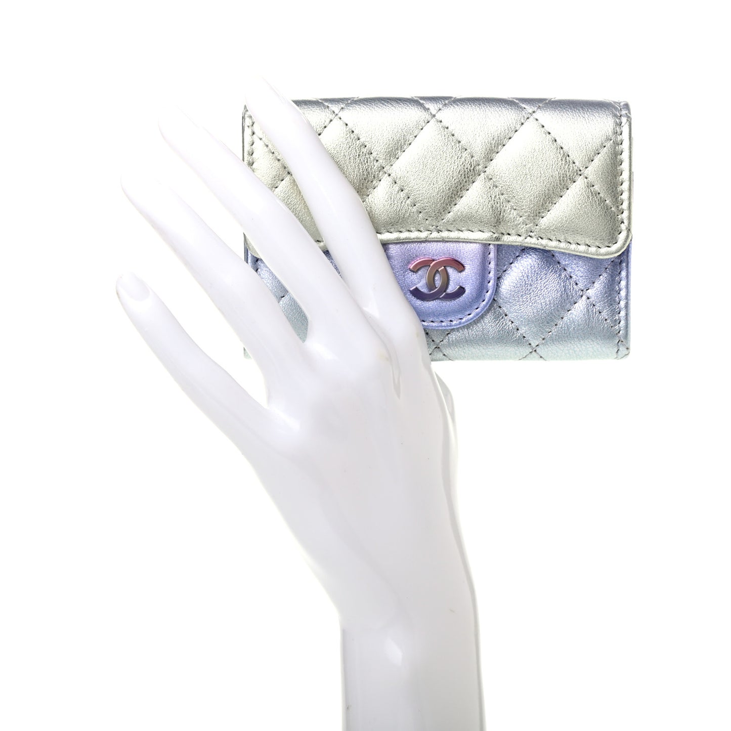 Gradient Metallic Calfskin Quilted Flap Card Holder Wallet Silver Blue Yellow Purple