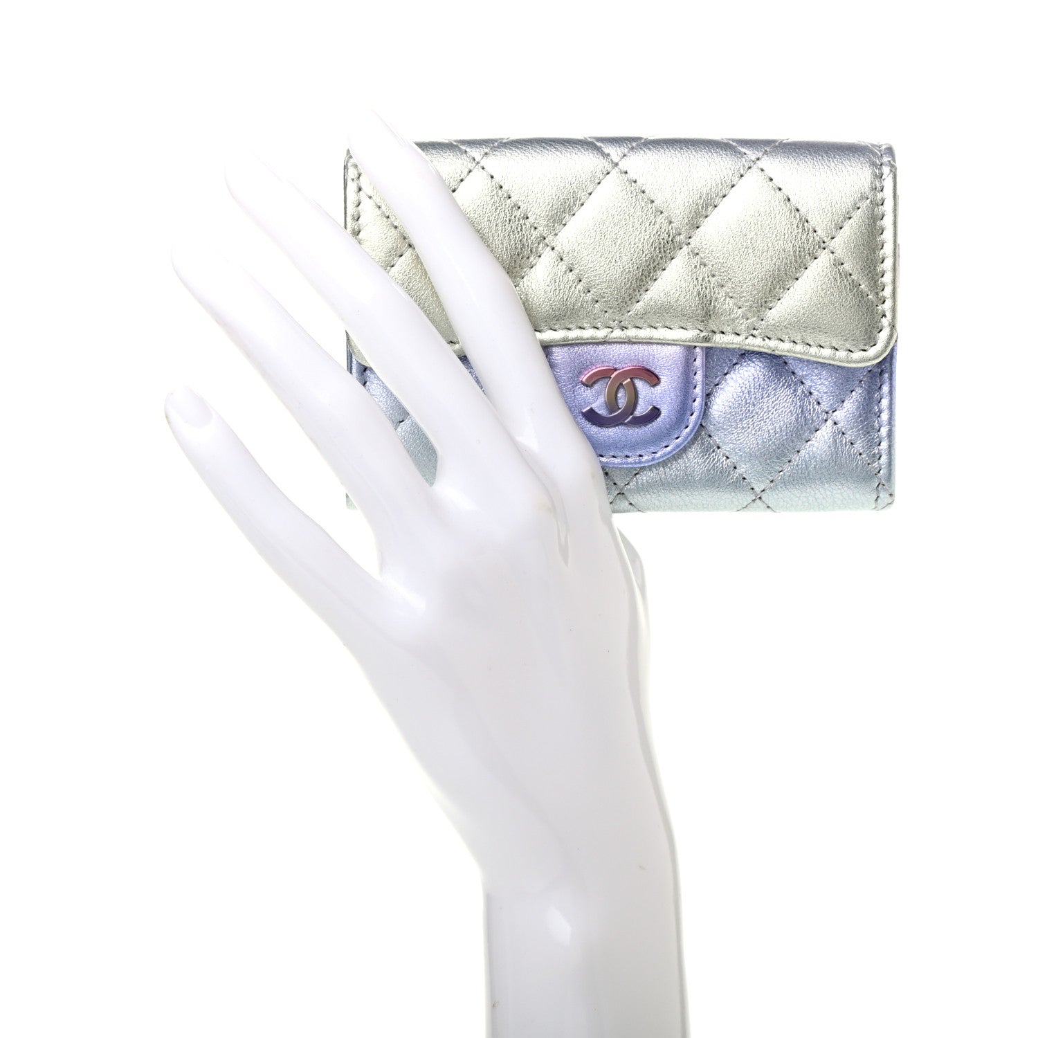 Chanel Gradient Metallic Calfskin Quilted Flap Card Holder Wallet Silver Blue Yellow Purple 2 of 8