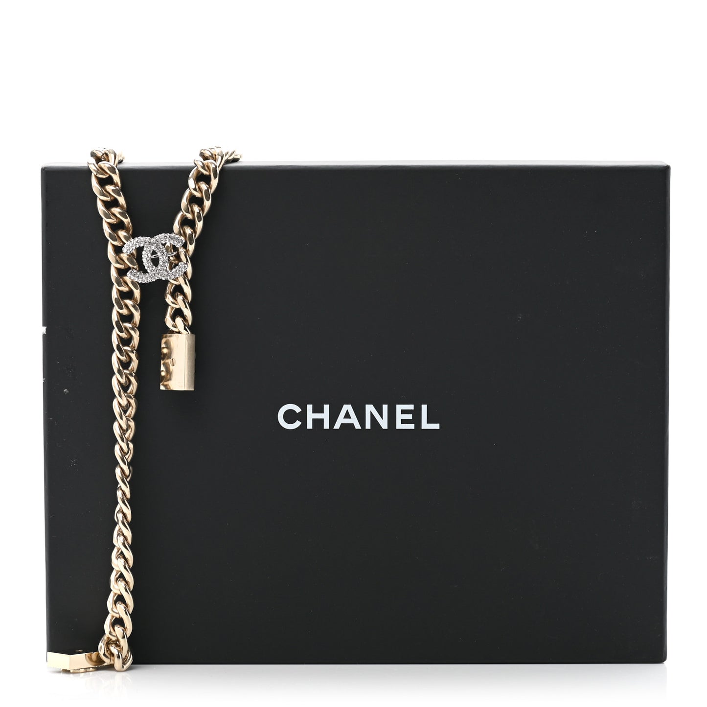 Chain Link Crystal CC Dog Tag Charm Necklace Gold