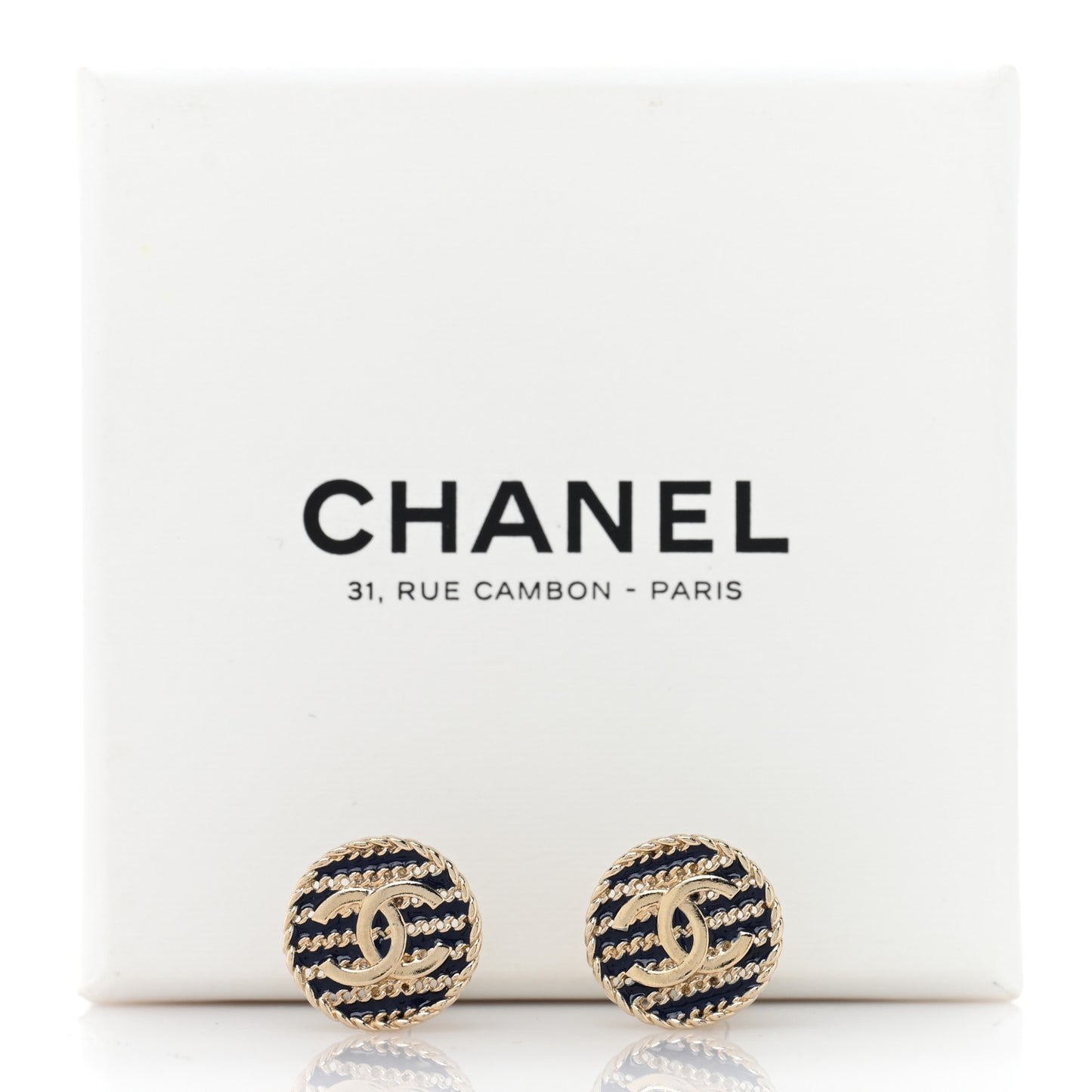 Metal Chain CC Round Clip On Earrings Gold Blue