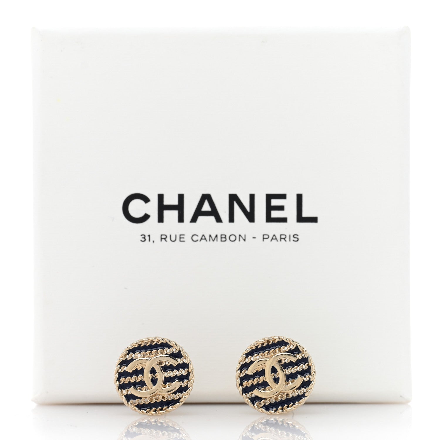 Chanel Metal Chain CC Round Clip On Earrings Gold Blue 5 of 5