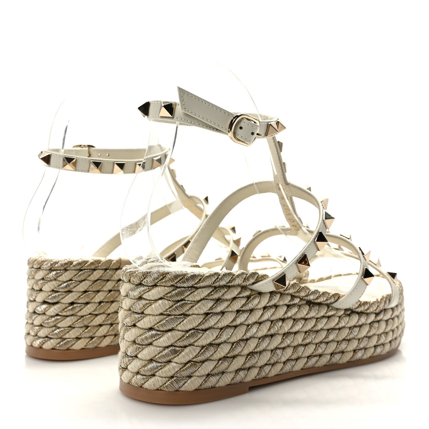 Calfskin Rockstud Ankle Strap Torchon Espadrille Caged 30/55mm Sandals 37 Light Ivory