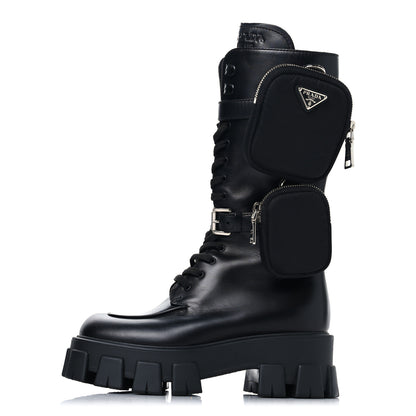 Prada Vitello Lux Nylon Metal Triangle Logo Monolith Pouch Pocket 55mm Tall Combat Boots 37 Black 1 of 7
