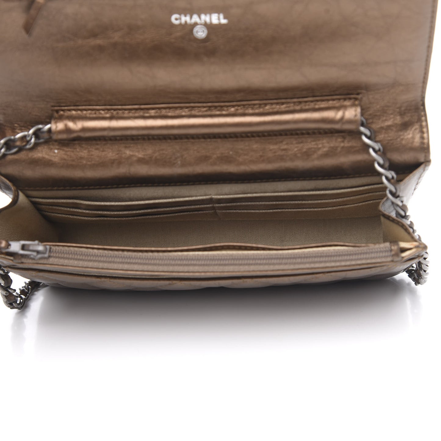 Metallic Aged Calfskin Quilted Reissue Wallet On Chain WOC Bronze