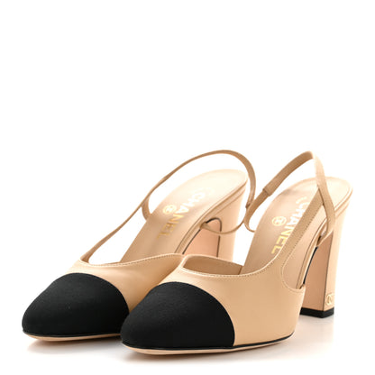 Chanel Goatskin Grosgrain Cap Toe CC Slingback Pumps 38.5 Beige Black 4 of 9