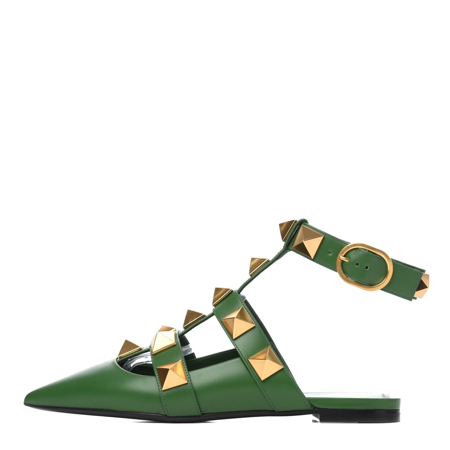 Calfskin Roman Stud Ankle Strap Flat Mules 36.5 Fern