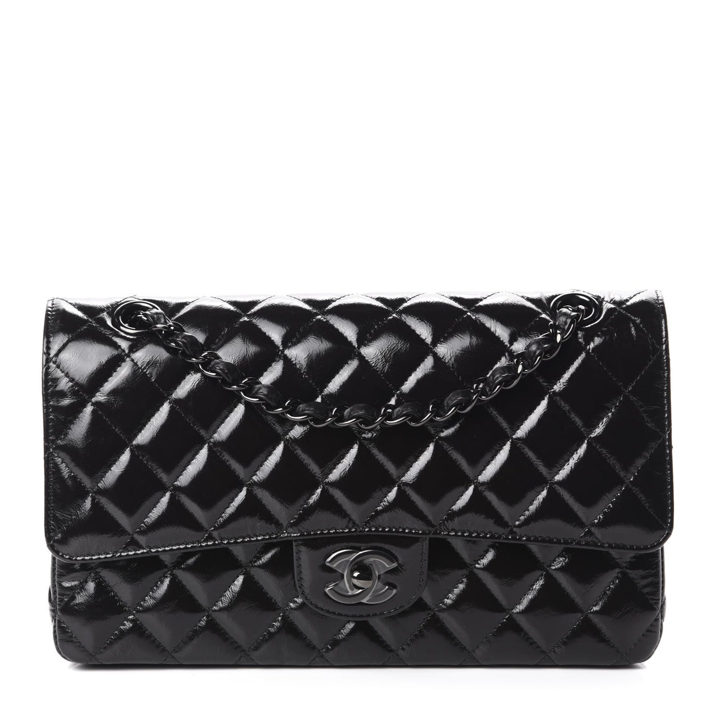 Shiny Crumpled Calfskin Quilted Medium Double Flap So Black