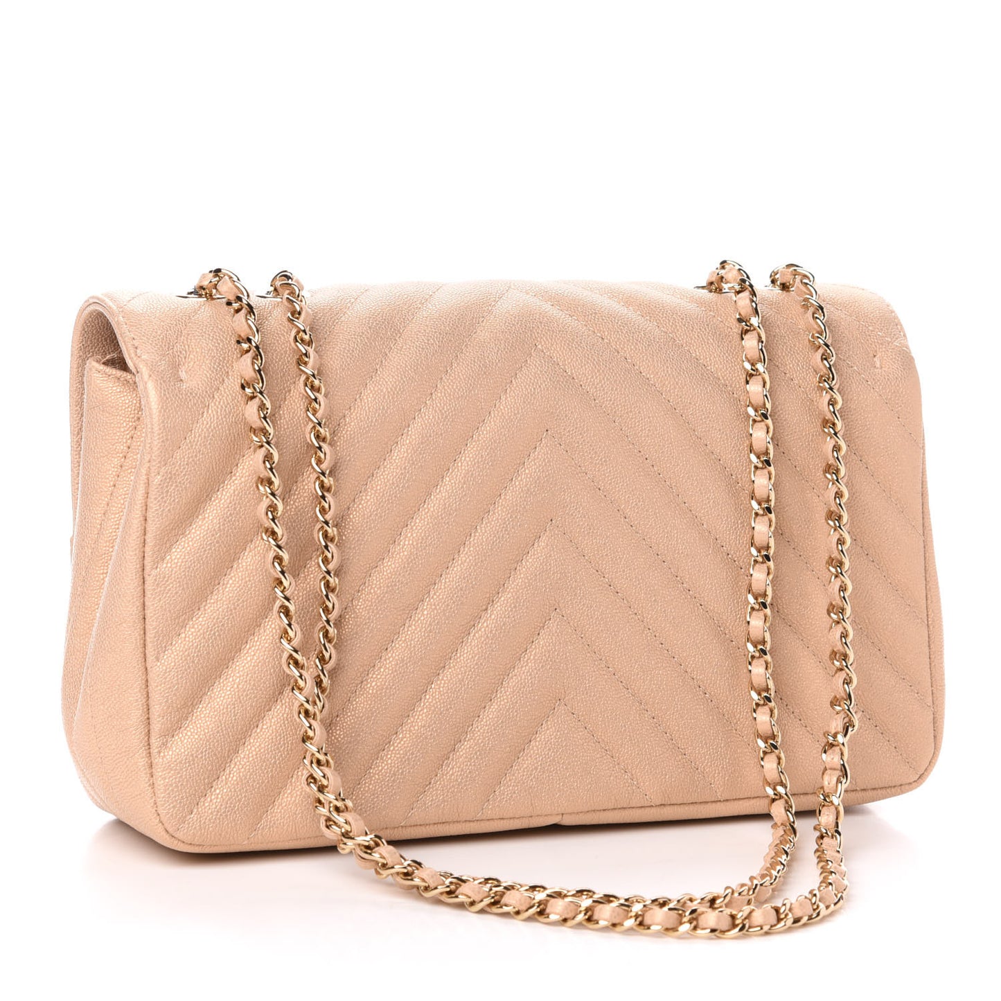 Metallic Caviar Chevron Quilted Medium Statement Flap Beige