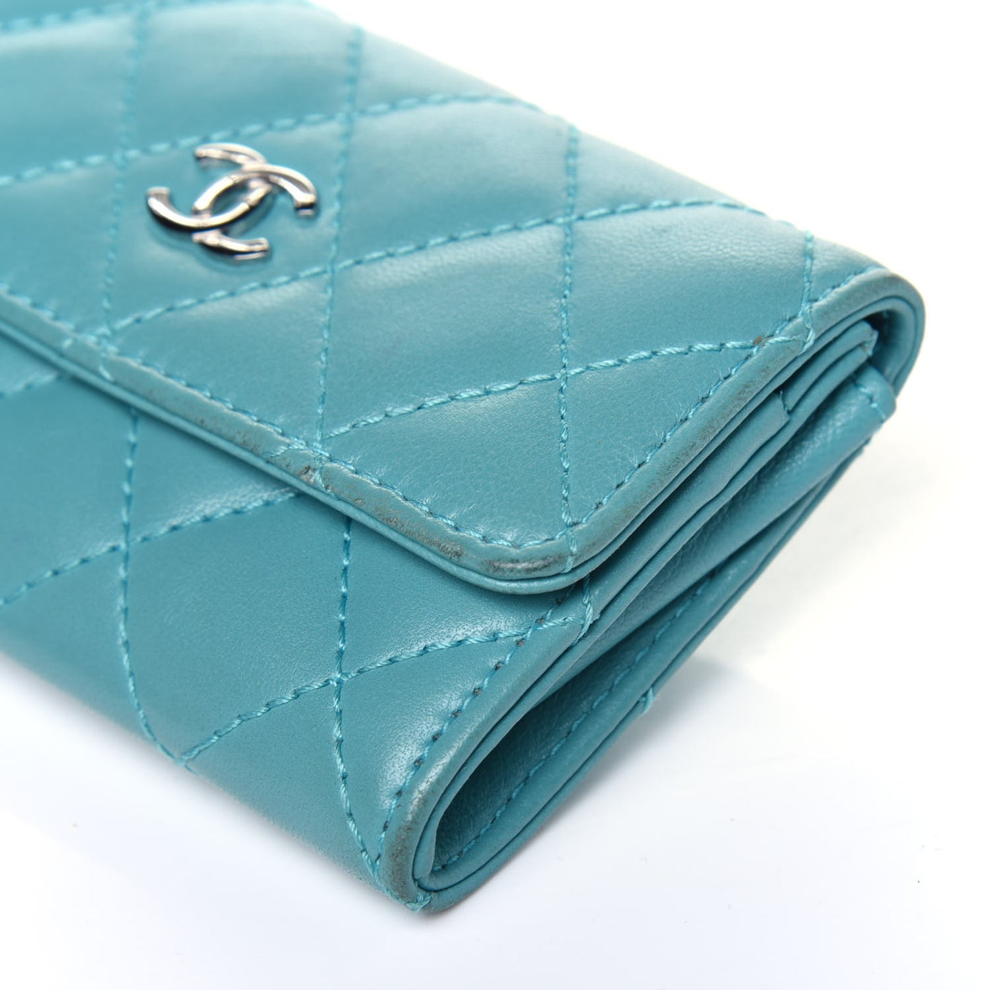 Lambskin Quilted Flap Card Holder Turquoise