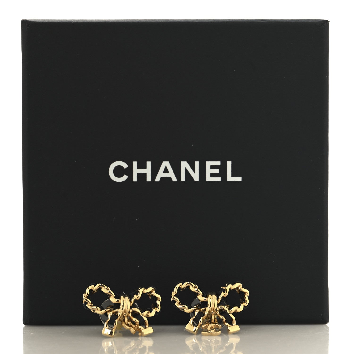 Chanel Lambskin Chain Bow Stud Earrings Black Gold 5 of 5