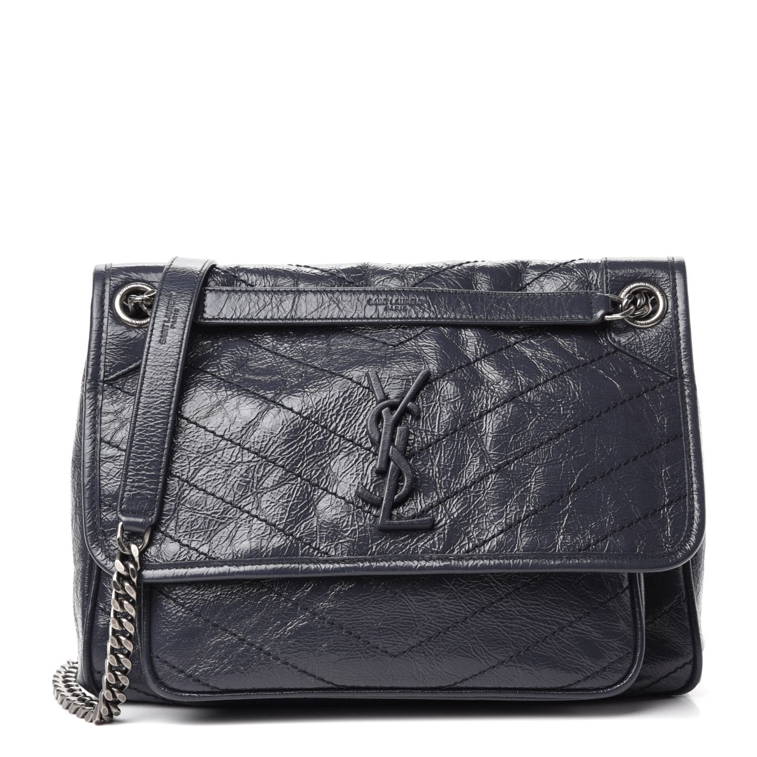 Saint Laurent Crinkled Calfskin Matelasse Monogram Medium Niki Chain Satchel Deep Marine 1 of 12