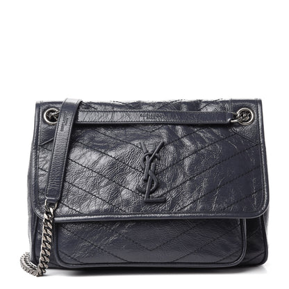 Saint Laurent Crinkled Calfskin Matelasse Monogram Medium Niki Chain Satchel Deep Marine 1 of 12