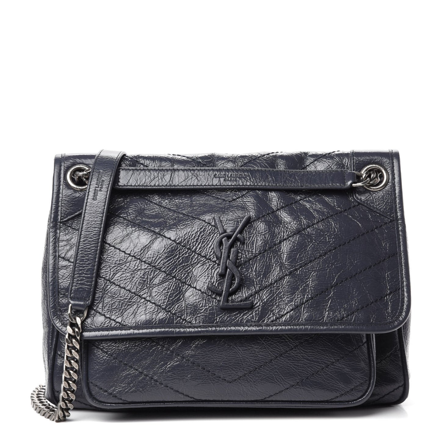 Crinkled Calfskin Matelasse Monogram Medium Niki Chain Satchel Deep Marine